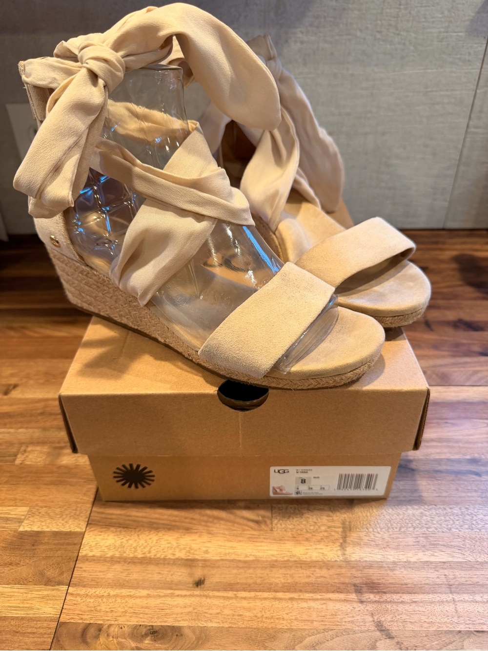 UGG Women's Neutral Tan Espadrille Wedge Sandals with Tie Ankle